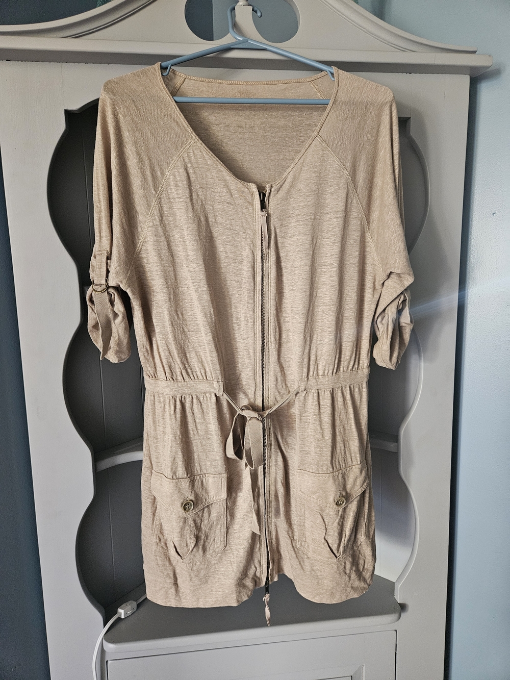Zip-Up Tan Tunic Dress with Pockets And Drawstring Waist, Size 10. - Picture 2 of 6